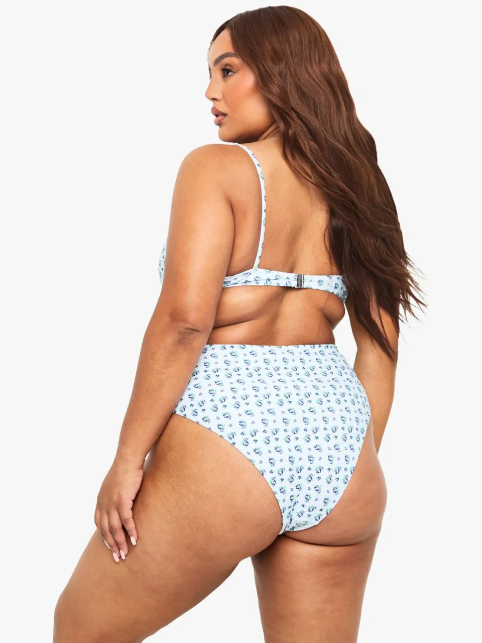 boohoo Dames Plus Gingham Floral Bikini-broek met hoge taille en zijband met strik babyblauw, foto 2