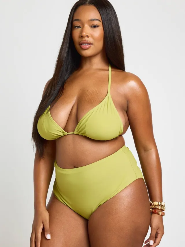 boohoo Dames Plus Size Driehoekige Bikini Top Met Kralen & Hoge Taille Bikini Set Olijf
