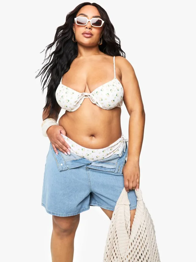 boohoo Dames Plus Ditsy Floral beugelbikini top Geel