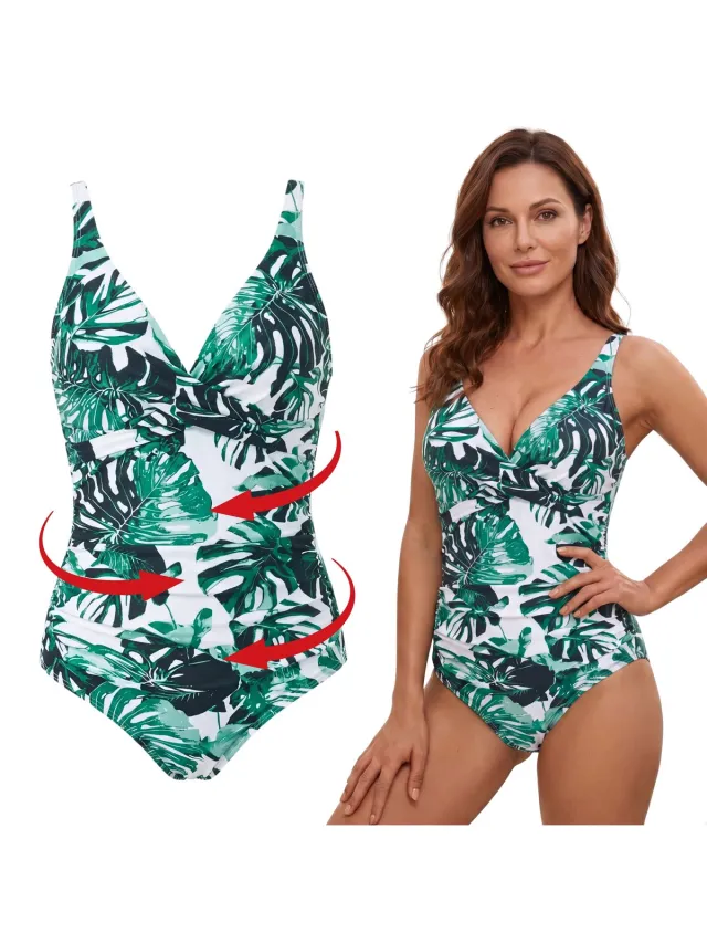 RENALUX Corrigerend Badpak Dames met Verstelbare Bandjes - Shaping Badpak - Corrigerend Badpakken voor Dames - Wit met groene bladprint