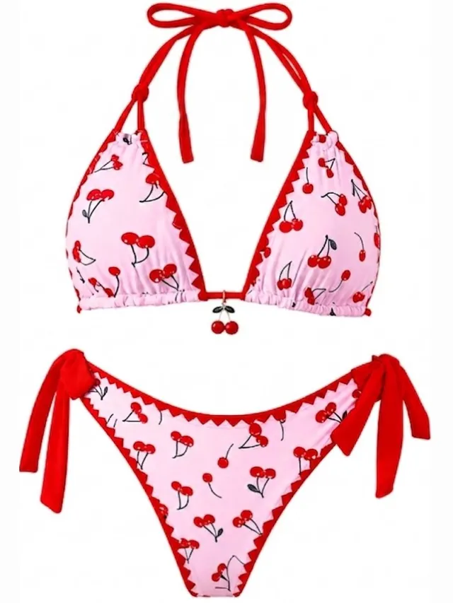 NUVEX Roze rood bikini set dames driehoek bikini halter bikini met kersen print tie string bikini zwempakset 2 delige strandkleding vakantie zwemkleding