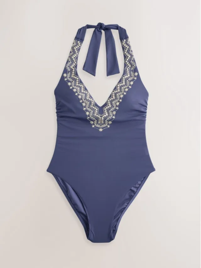 Next Dames - Diepuitgesneden buikbedekkend badpak - Blauw Steel Blue Embroidered