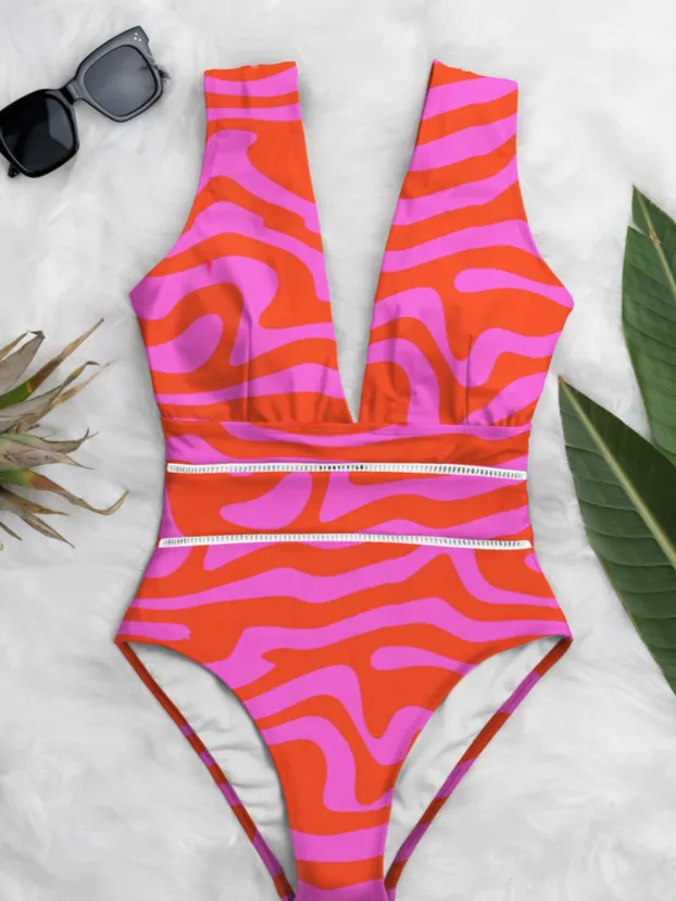 Averie dames vegan Badpak Deep Plunge One Piece Ruby Pink Zebra Oranje