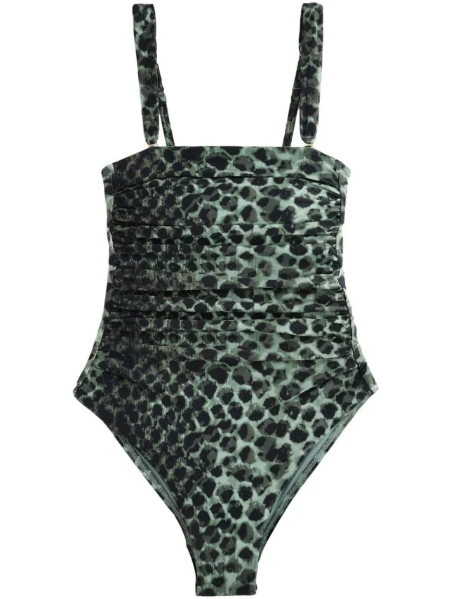 Next Dames - Gerimpeld buikcorrigerend bandeaubadpak - Groen Green/Black Leopard Print