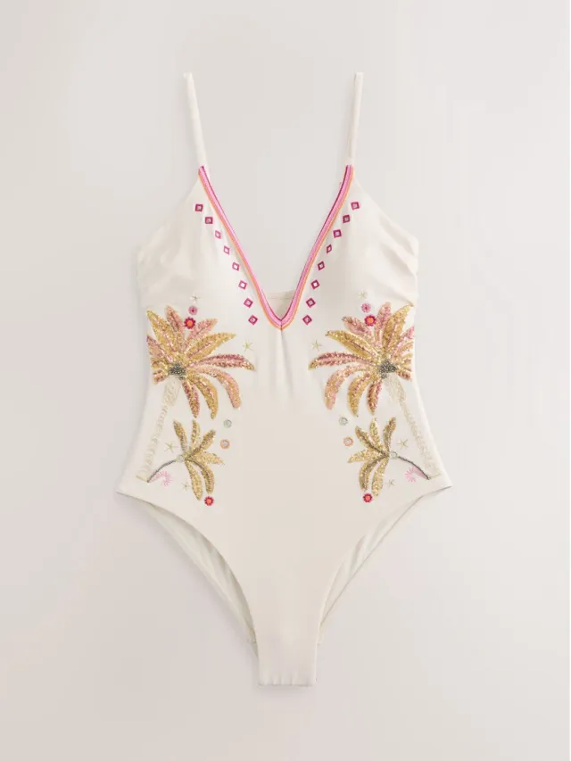 Next Dames - Badpak met diepe halslijn, versierd met pailletten en buikcorrigerende pasvorm - Crème Cream/Pink