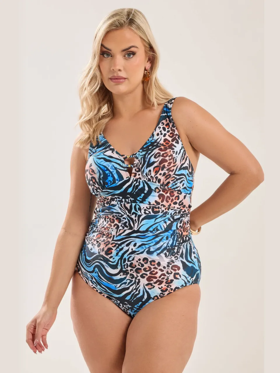 Yours Blauw En Oranje Badpak Met Dierenprint En Diepe Halslijn, foto 3