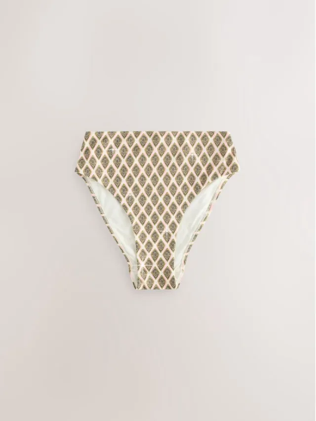 Next Dames - Hoogopgesneden bikinibroekje met hoge taille - Groen Khaki Green/Cream Foil Woodblock