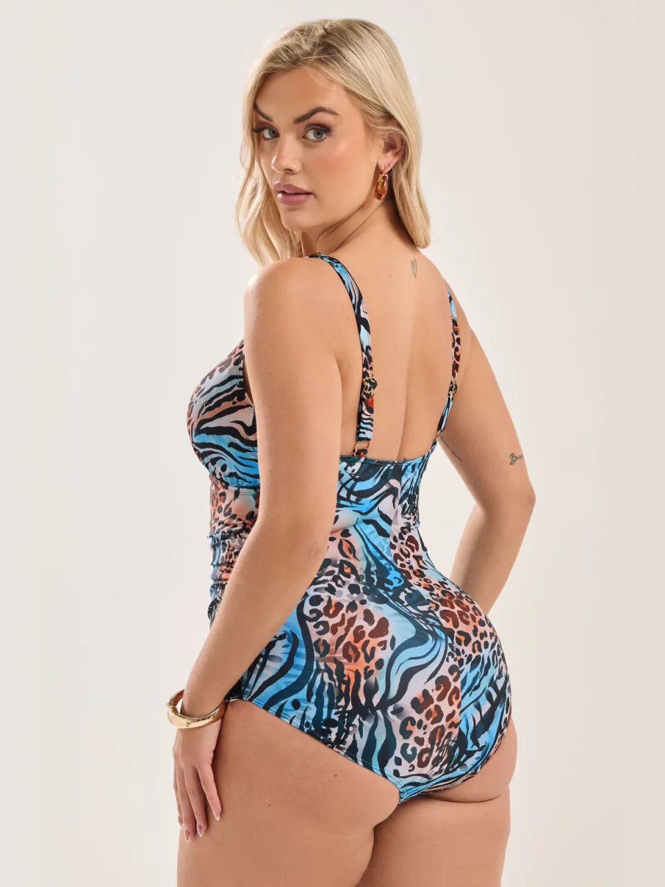 Yours Blauw En Oranje Badpak Met Dierenprint En Diepe Halslijn, foto 5