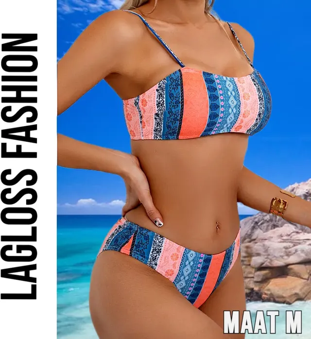 LaGloss Dames Bohemian Bikini Set – Patchwork Oranje & Blauw – Haltertop – Hoog Elastisch – Sexy 2-delig Bikinimodel –