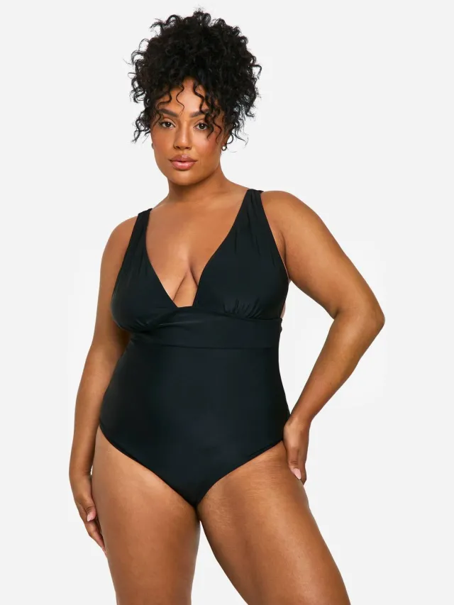 boohoo Dames Plus Tummy Control V-hals Badpak Zwart