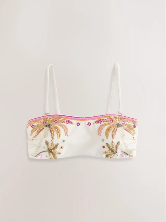 Next Dames - Versierde bandeaubikinitop met lovertjes - Crème Cream/Pink