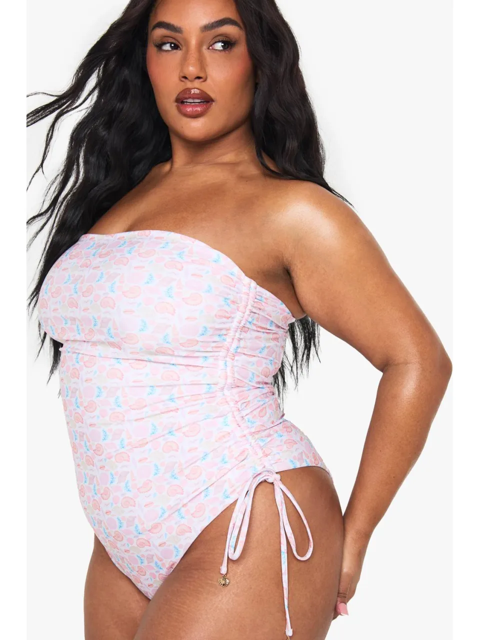 boohoo Dames Plus Schelpenprint Pareltrim Bandeau Badpak kaki, foto 4