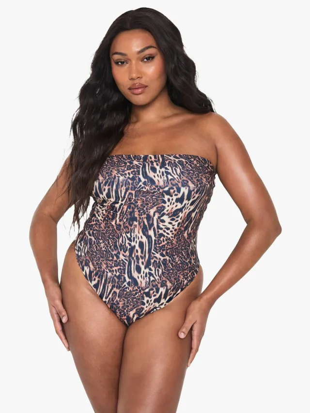 boohoo Dames Plus Swimwear Essentials Luipaard Bandeau Badpak Luipaardprint