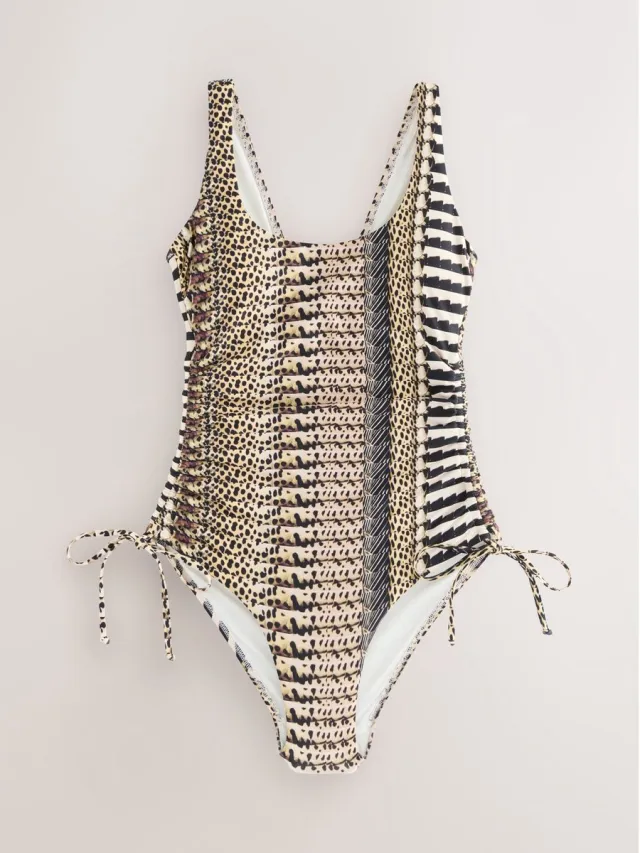 Next Dames - Badpak met lage hals, figuurcorrectie en ruches - Dierenprint Brown Multi Animal
