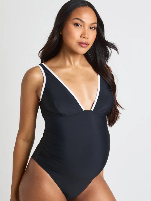 boohoo Dames Zwangerschaps Badpak Met Contrasterende Plunge Hals Zwart