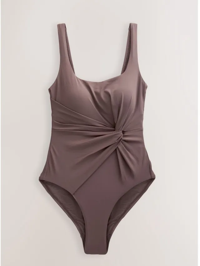 Next Dames - Buikcorrigerend badpak met gedraaide watervalhals - Bruin Chocolate Brown
