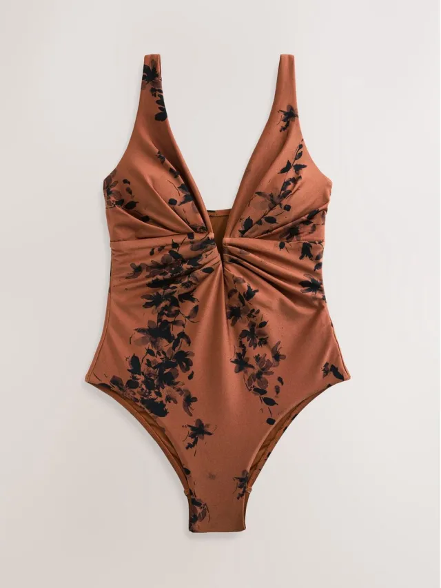 Next Dames - Diepuitgesneden buikbedekkend badpak - Bruin Brown Floral High Shine