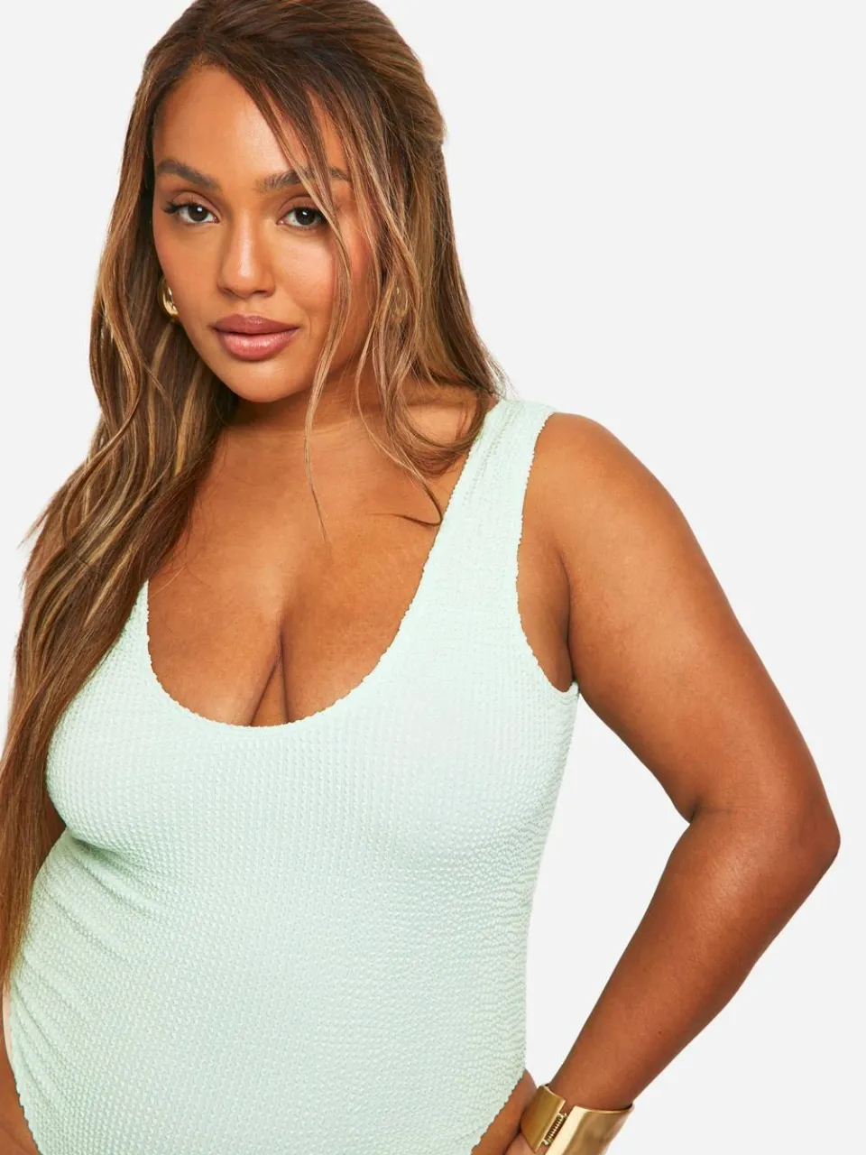 boohoo Dames Plus Crinkle Tummy Control Badpak munt, foto 2