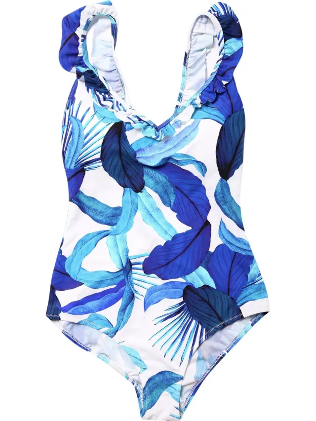 La V Badpak dames met V hals - Blueleaf - L (Valt klein) Blauw wit