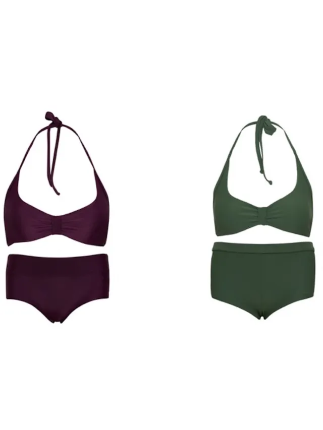 La V Set van 2 bikini hipster broekje en haltertopje Aubergine / Groen 164-170 Aubergine/ Groen
