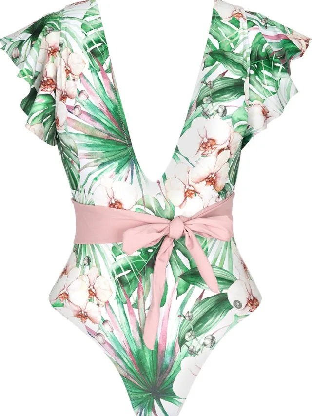 YW YEHWANG Dames Badpak Bloemen Print - Dames Badpakken - Bloemen Print - V Hals & ceintuur - Groen & Lichtroze