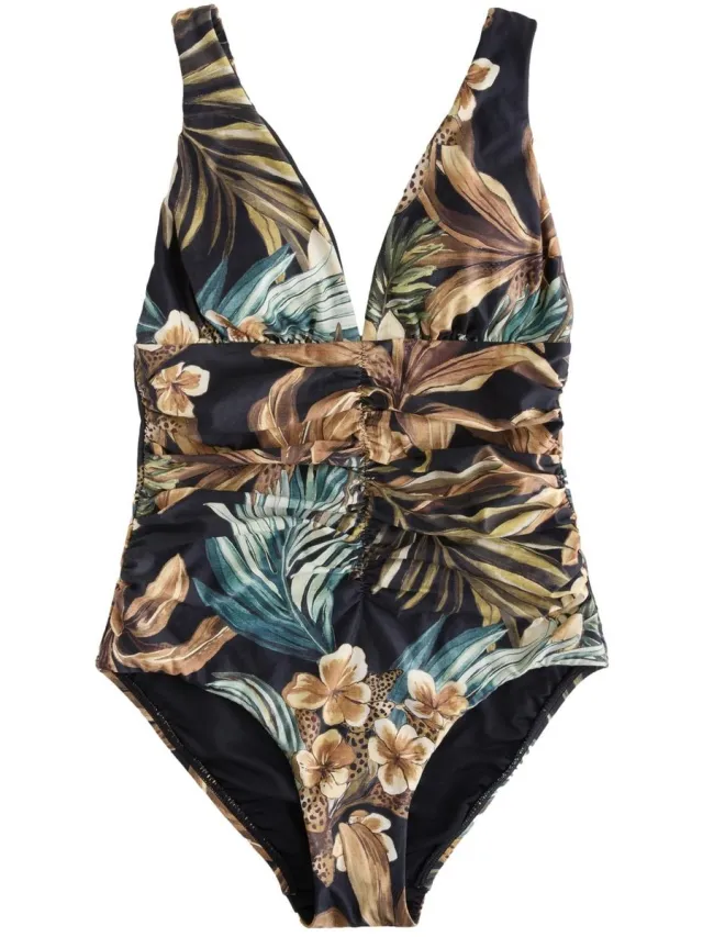 Next Dames - Buikcorrigerend badpak met laag decolleté en ruches - Zwart Black Leopard Palm