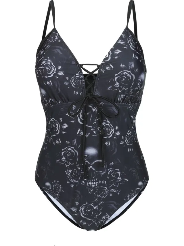 Black Premium by EMP zwart badpak met vetersluiting en rozen - Dames