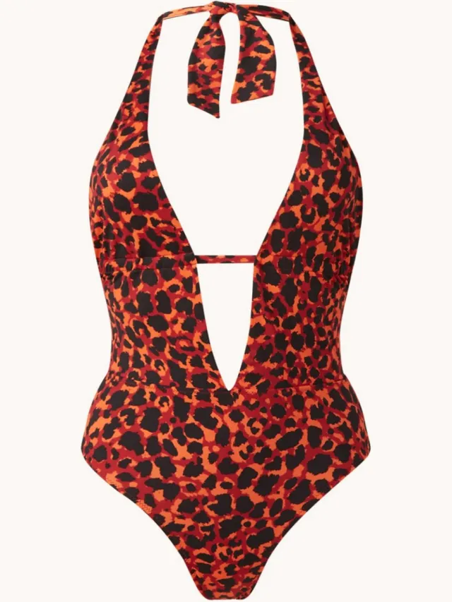 Banana Moon Samba Montara plunge badpak met panterprint - Rood/ Zwart