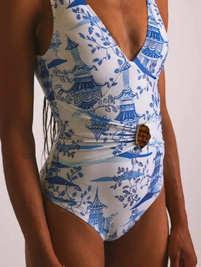 Averie dames vegan Badpak Himari Ring Plunge Blauw En Wit Crème