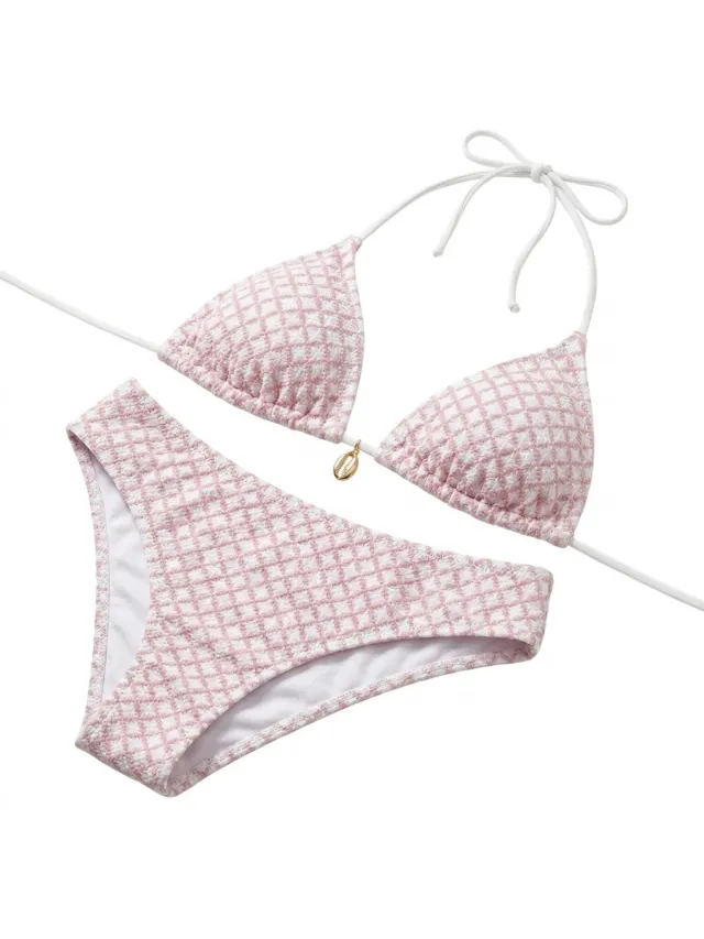 NUVEX Lichtroze wit bikini set dames triangle bikini halter bikini zwempakset met geometrische print 2 delige strandkleding vakantie zwemkleding