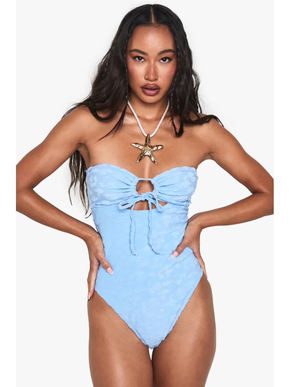 boohoo Dames Bloemrijk Geembosst Bandeau-Badpak korenblauw, foto 3