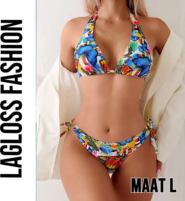 LaGloss 2-Delig Bikini Set Dames met Vlinderprint – Haltertop – Zomermode – Beach Fashion – Strandmode – Blauw