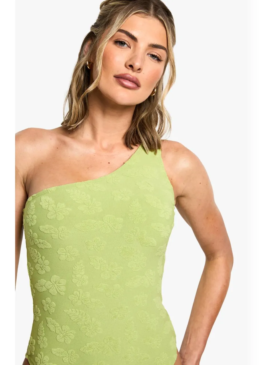 boohoo Dames Hibiscus Bloem Relief Éen-Schouder Zwempak groente, foto 4