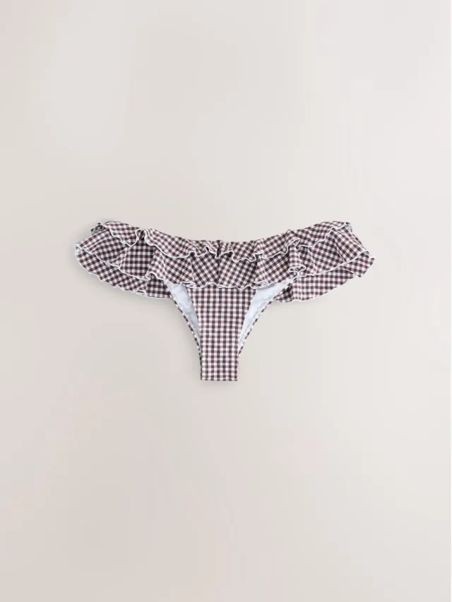 Next Dames - Hoog opgesneden bikinislip met ruches - Bruin Chocolate Brown Gingham