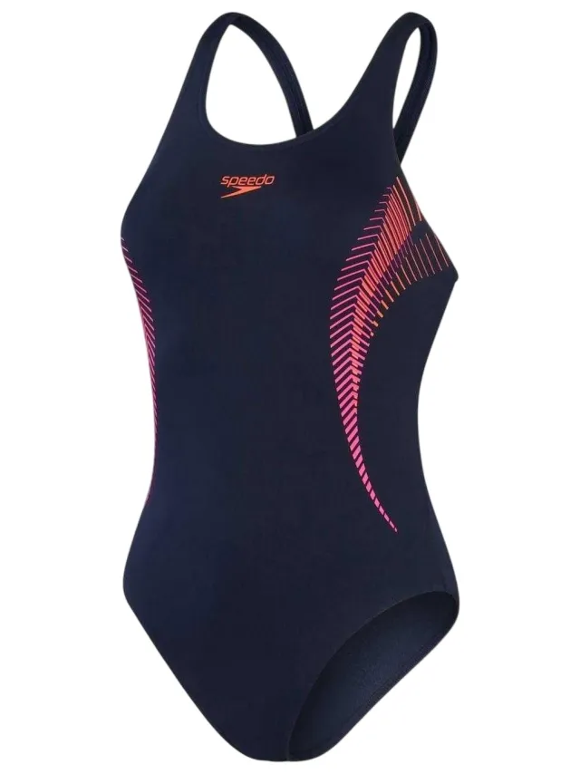 Speedo Dameszwempak met abstracte print en muscleback-ontwerp (Marine / Roze) Marineblauw/Blauw