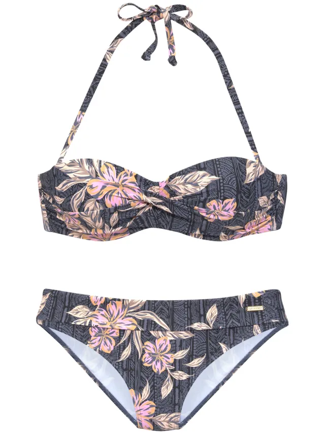 bandeaubikini zwart met bloemenprint zwart bedrukt