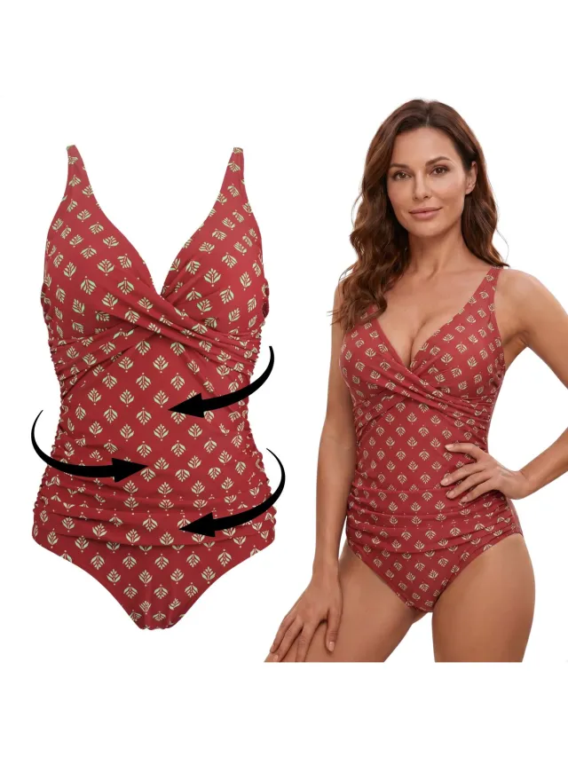 RENALUX Corrigerend Badpak Dames met Verstelbare Bandjes - Shaping Badpak - Corrigerend Badpakken voor Dames - Rood met Print