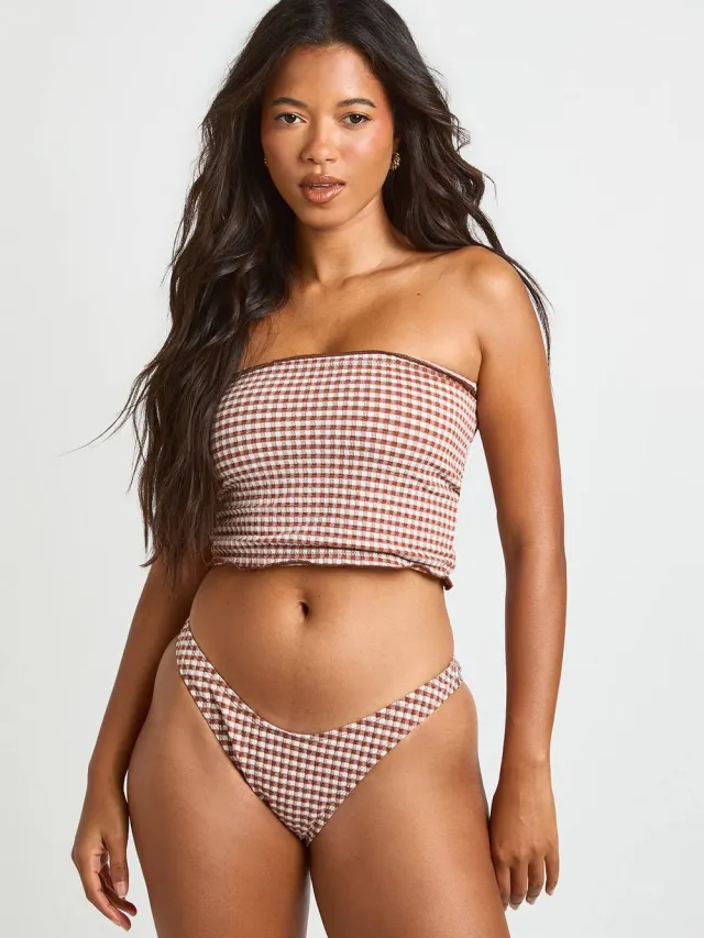 boohoo Dames Gingham Longline Bandeau Bikini Top Met Ruches En Bikinibroekje Set Bruin