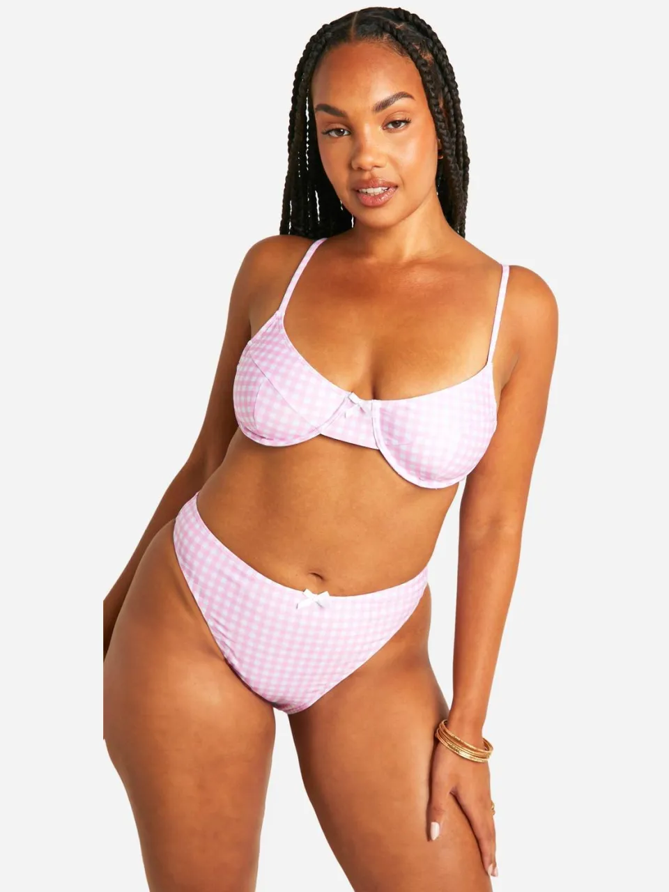 boohoo Dames Plus Gingham Print Hoog Getailleerde Bikini Slip Roze
