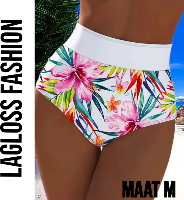 LaGloss High Waist Dames Bikini Broekje met All-over Bloemenprint Wit - Hoog Elastisch – Zomermode – Beach fashion –