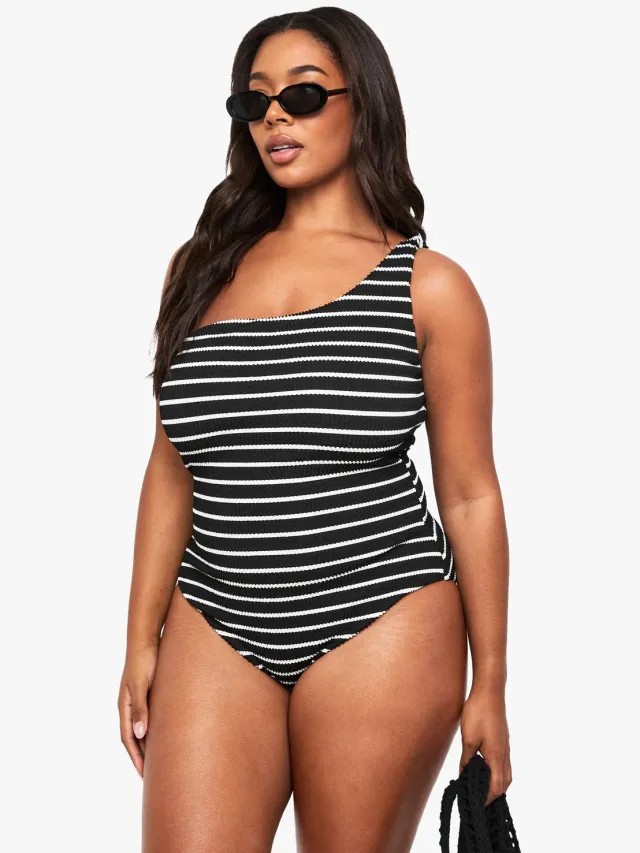boohoo Dames PLUS GEKREUKELD GESTREEPT EENSCHOUDELijK BADKOSTUUM Zwart