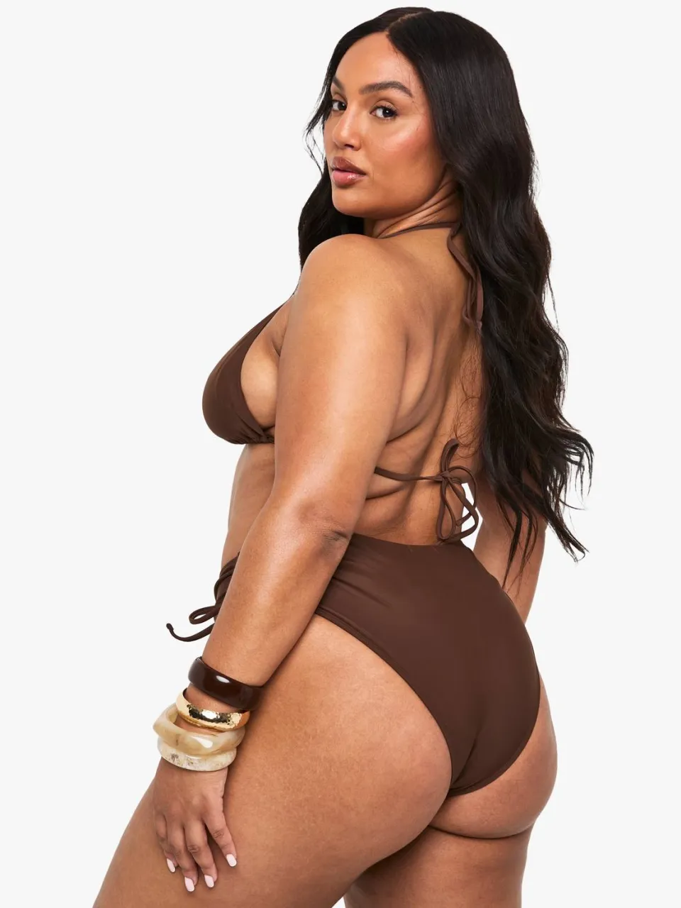 boohoo Dames Plus gerimpelde high waist bikini-bottom chocoladebruin, foto 2