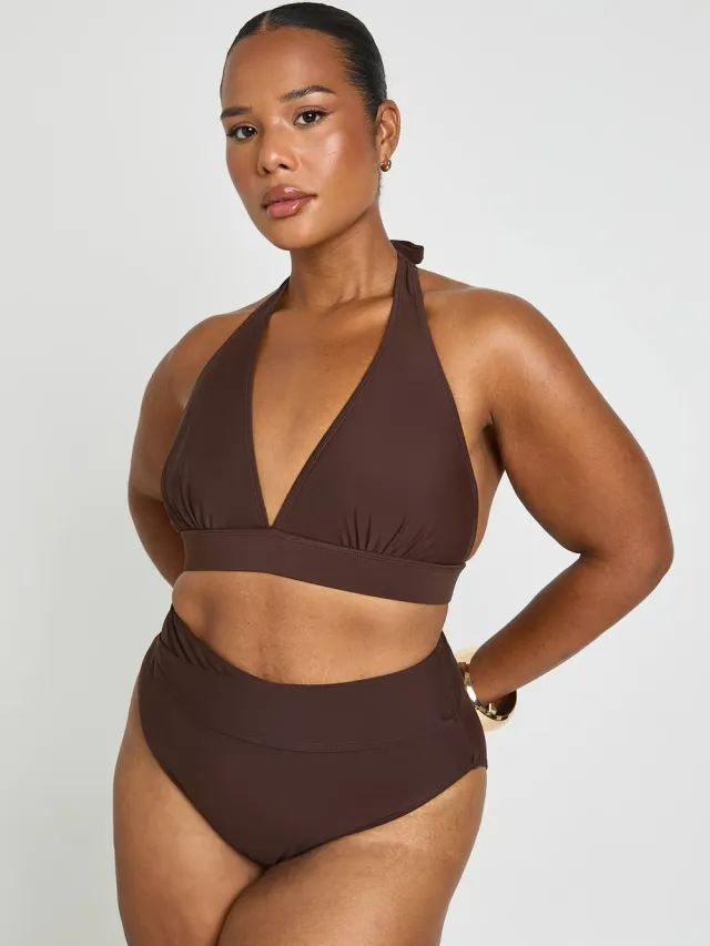 boohoo Dames Plus Buikcontrolerende Wikkel Hoge Taille Bikinibroekje Chocoladebruin