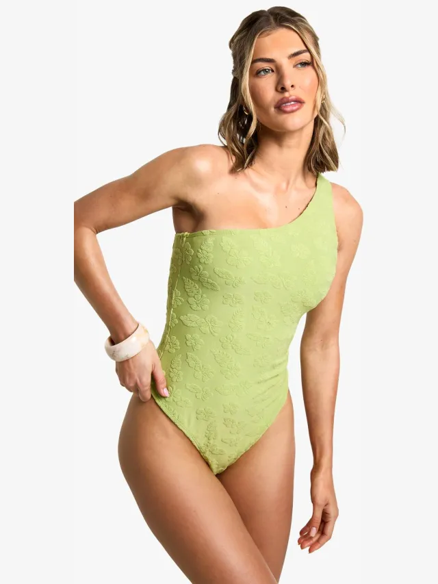 boohoo Dames Hibiscus Bloem Relief Éen-Schouder Zwempak Groente