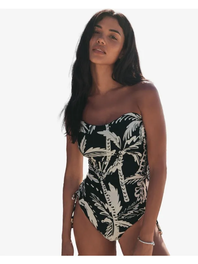 Next Dames - DD+ bandeaubadpak met beugel en buikcorrigerend - Zwart Black/Cream Palm