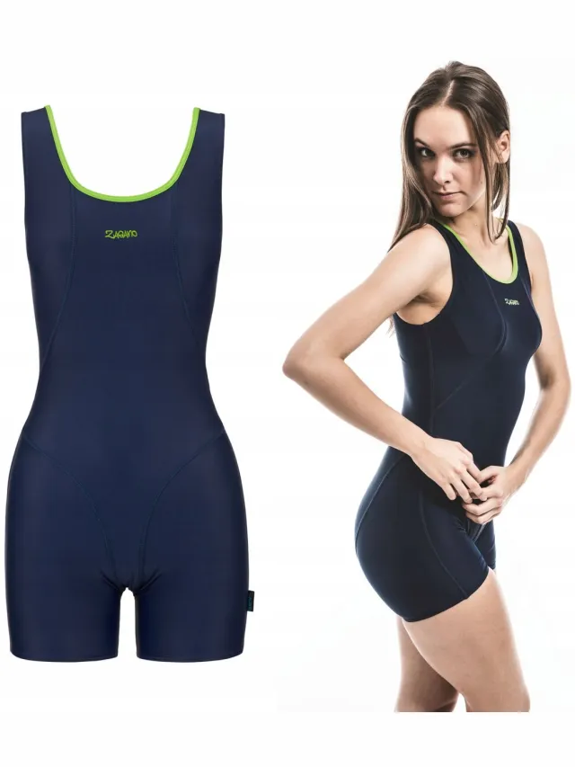 ZAGANO Badpak met pijpjes dames - Donkerblauw/Groen - Sneldrogend - Chloorbestendig - UV-bestendig