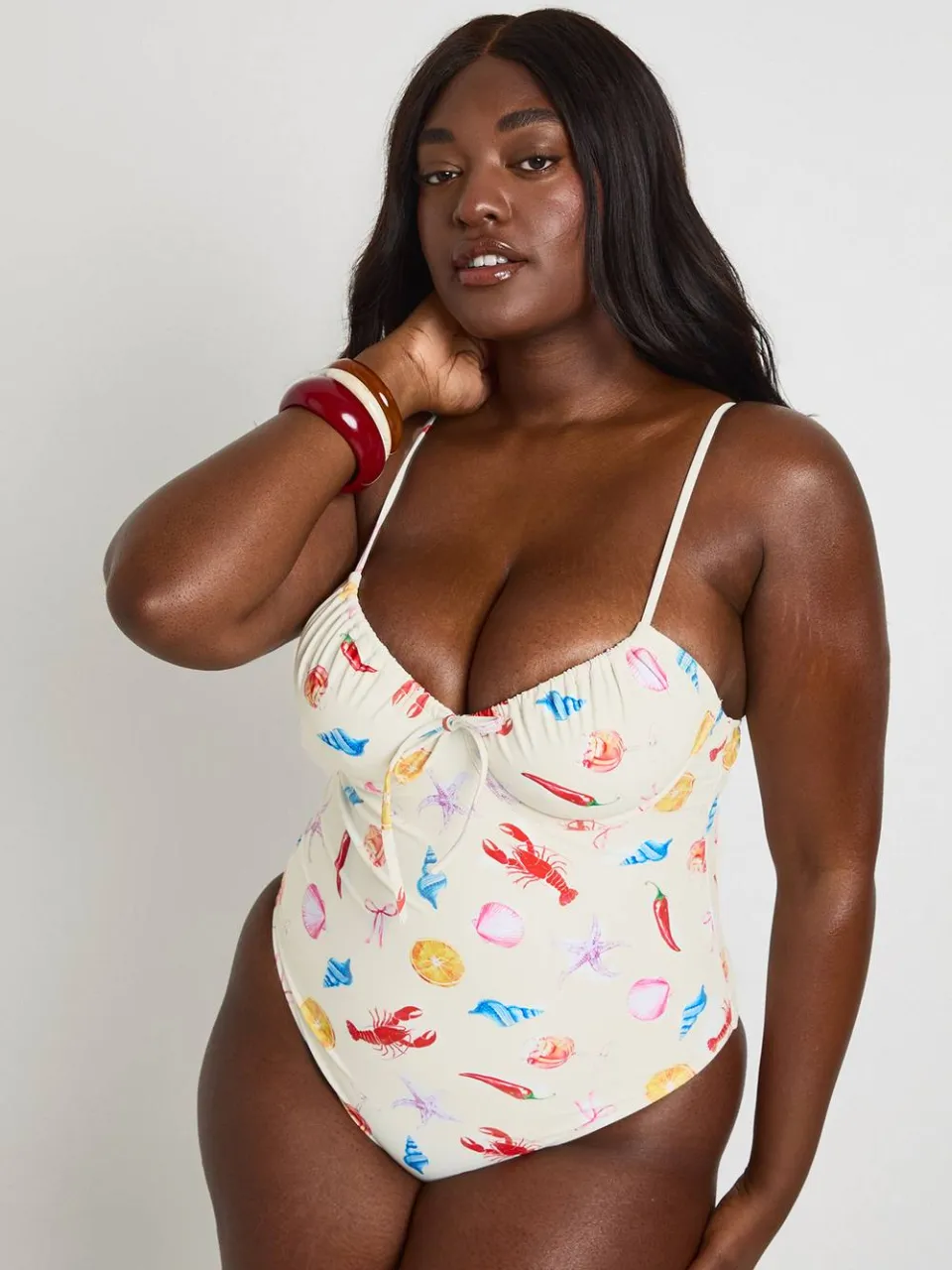 boohoo Dames Plus Oceaan Print Beugel Plunge Badpak 100_5w cream, foto 3