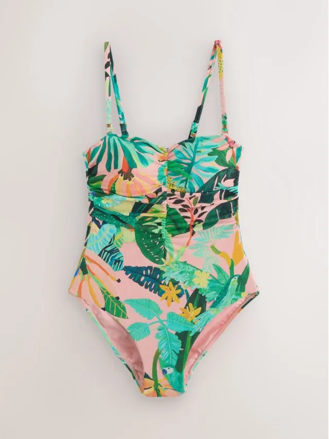 Next Dames - Vormgevend, buikcorrigerend bandeaubadpak - Groen Coral/Green Tropical