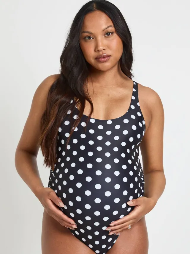 boohoo Dames Zwangerschaps Badpak Met Polkadots En Ronde Halslijn Zwart