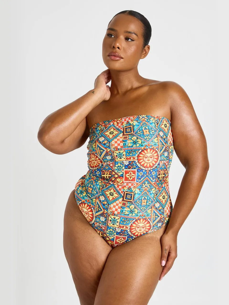 boohoo Dames Plus Bandeau Badpak Met Tegelprint Multicolor